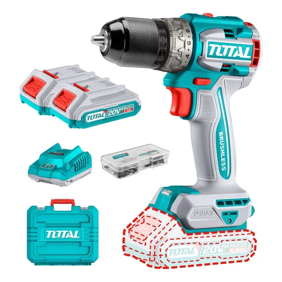 Taladro Atornillador Inalámbrico Total 20v, Industrial, Motor Sin Carbones, Mandril 13mm, 60nm - Con 2 Baterías 2.0ah Litio-ion, Cargador Y Maletín - Tdli20602