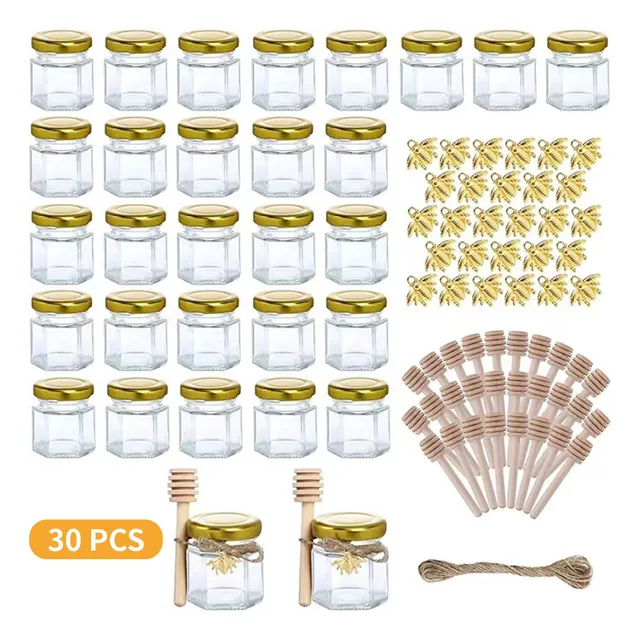 ZhouYuan 30pcs Tarros De Frasco De Vidrio Mini Miel De Vidrio Hexagonales De 45ml Con Tapas