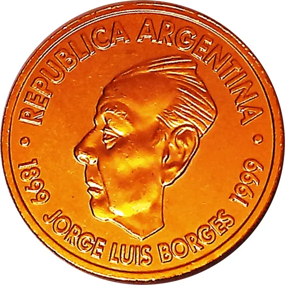 Argentina Moneda 2 Pesos Borges Año 1999 Bañada Con Oro 24k 