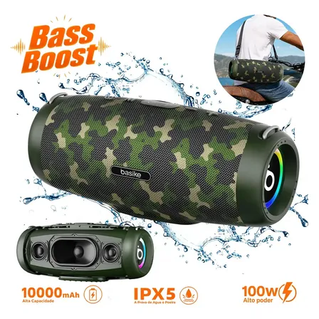 Caixa De Som Bluetooth 100w Potente Basike Ba-RAD293 Boombox Portátil A Prova D'agua IPX5 Bateria 10000mAh Power Bank Alca De Ombro LED RGB TWS Grave Forte TF USB AUX Para Festa Churrasco Praia Viagem