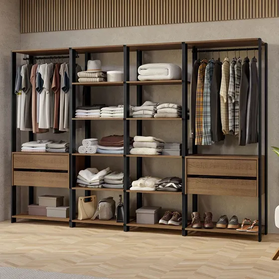 Guarda-roupa Closet Modulado Armário Quarto Valencia 258cm Madesa Rp 2 Cor Rustic/Preto MDDR0400027K