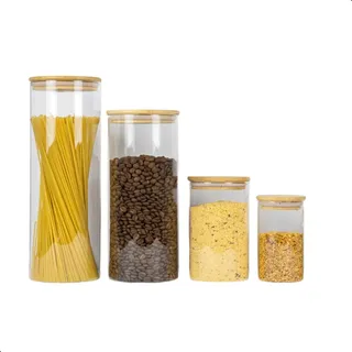 Kit 4 Potes Herméticos De Vidro E Tampa De Bambu Massas Condimentos Temperos Kit 4 Potes Herméticos De Vidro E Tampa De Bambu Massas Condimentos Temperos
