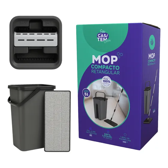 Mop Esfregão Rodo Compacto Retangular Com 2 Refis Balde 5l