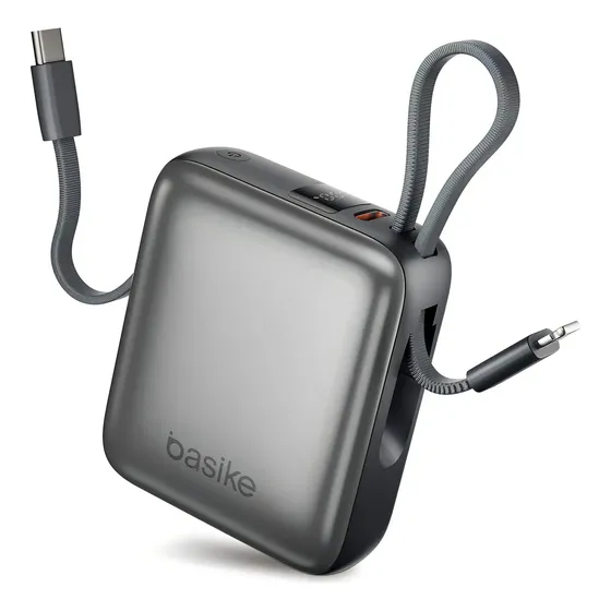 Carregador Portátil Power Bank Basike 10000mAh 22.5W Rápido 4 Saídas Cabo Embutido Display iPhone Samsung