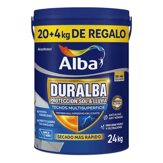 Membrana Impermeabilizante Alba Duralba Techos Multisuperficie 24 KG - Colores Blanco Gris Verde - Alta Resistencia - Listo Para Usar - Uso Exterior - Calidad PREMIUM