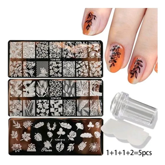Kit Stamping X5 Unidades Placa Metálica + Sello + Espátula