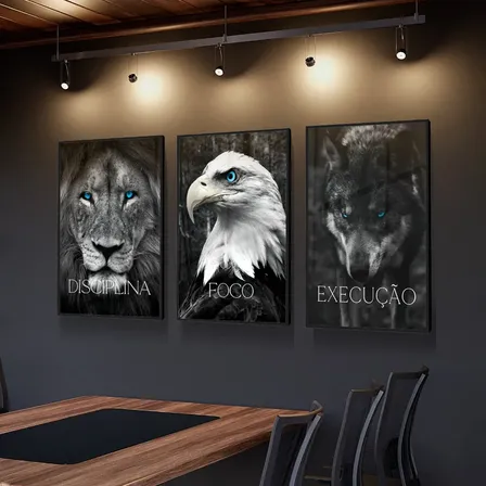 Quadros Decorativos Disciplina Execução Foco Leão Escritório Moldura Preta