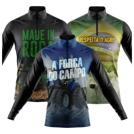 Kit 3 Camisa Agro Camiseta Trator Blusa Uv Manga Longa Boi
