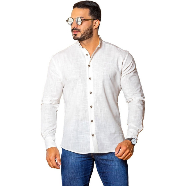 Camisa Social Masculina Gola Padre Linho Premium Moda Luxo Camisa Social Masculina Gola Padre Linho Premium Moda Luxo