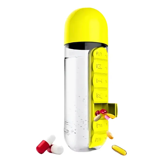 Garrafa De Agua Squeeze Colorida Com Porta Comprimidos 600ml