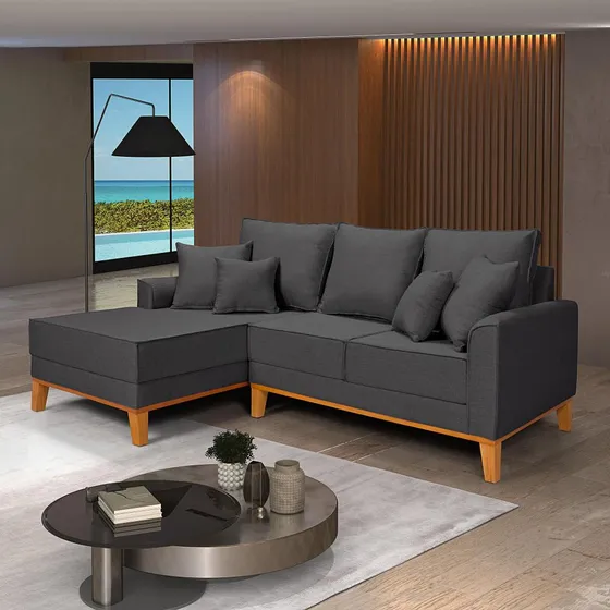 Conjunto Beny Sofá Chaise 2 Lug. E 2 Poltronas Decorativas Cor Grafite 199 Desenho Do Tecido Linho