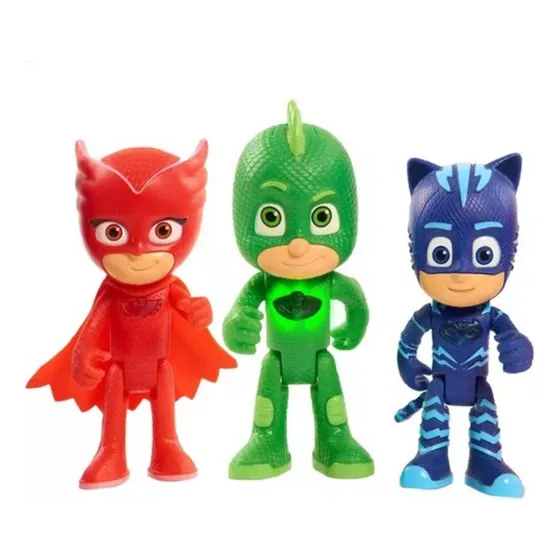 Kit  Com 3 Bonecos Pjmasks Menino Gato Corujita Lagartixo