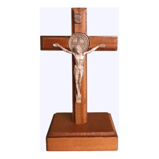 Cruz De Madera San Benito Y Cristo 18cm Crucifijo Apoyar