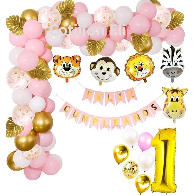 Set Globos Cumple Primer Añito 1 Año Nena Animalitos Selva 