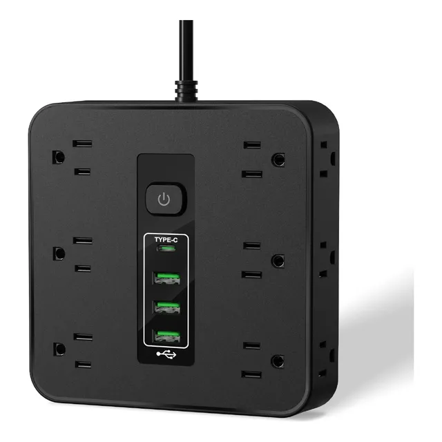 1 Regleta Multicontacto Extension Usb, Con12 Salidas Ca Y 3 Puertos Usb (1 Usb C), Enchufe/conector Multiple, 2 M Extension Electrica, Para Dormitorio, Casa, Dorm, Oficina (negro