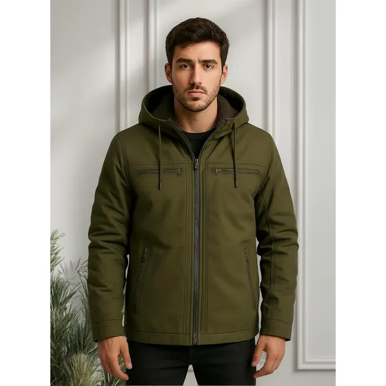 Jaqueta Sarja Masculina Com Capuz Removível Forrada