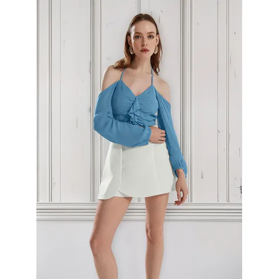 Blusa Iódice Frente Única Manga Longa Com Babado Azul
