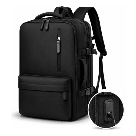 Mochila Executiva Viagem Trabalho Antifurto Notebook Impermeável Expansiva Grande Reforçada Usb Preto Liso