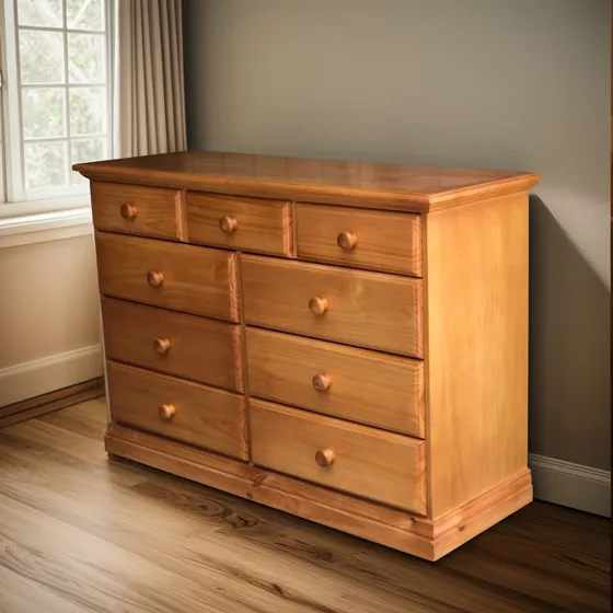 Cómoda 9 Cajones Miel Madera Guías Metálicas Roble Cajonera