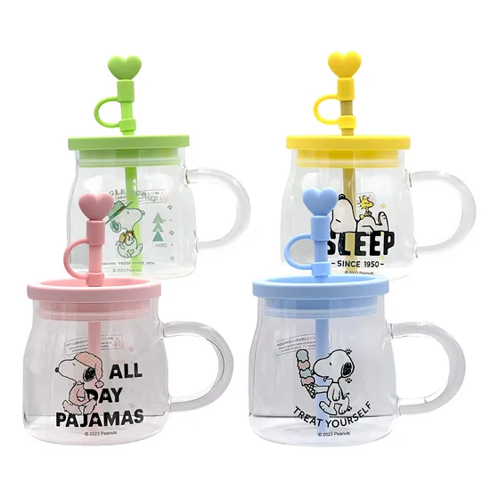 Set 4 Tazas Grandes Snoopy Vidrio 850ml Asa Tapa Popote