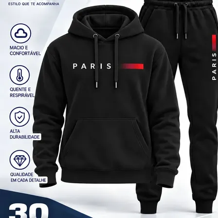 Conjunto Moletom Calça Unissex Paris Canguru Casaco Frio G Preto