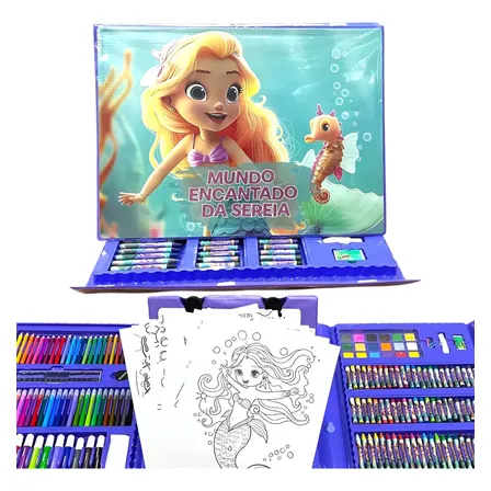 Estojo Maleta Encantado Sereia Com 208 Peças Colorir Pintura Violeta-escuro Mundo Encantado Da Sereia