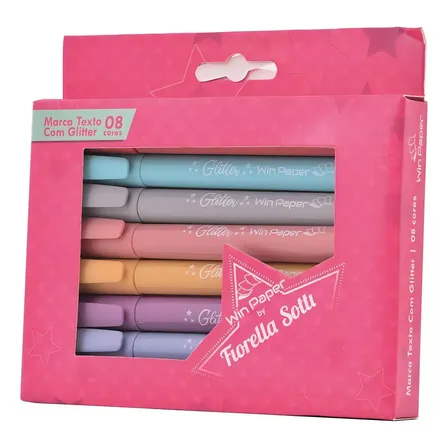 Marca Texto Glitter 8 Cores Win Paper Caixa Ponta Biselada