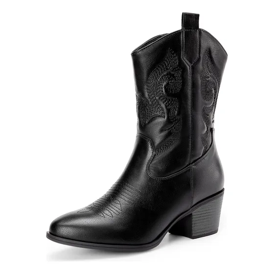 Botas Vaqueras De Tacón Bajo Y Punta Redonda Estilo Vaquero 