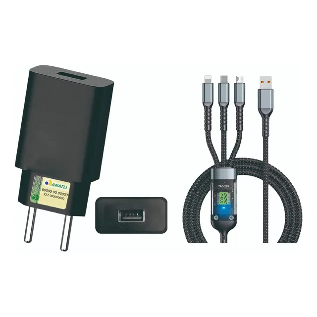 Carregador Turbo 30w + Cabo Trançado Usb 3 Em 1 Universal