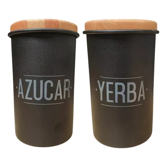 Set Tarro Azúcar Y Yerba Negro Con Tapa Madera Cocina Lata