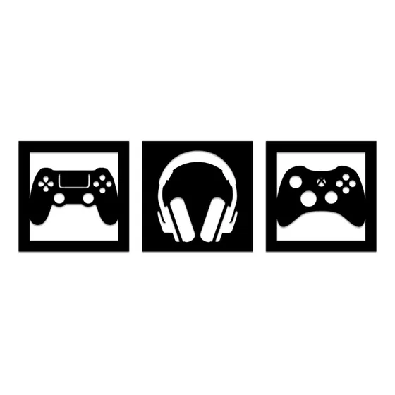Kit Quadros Decorativos Gamer Controle Videogame E Fone Mdf