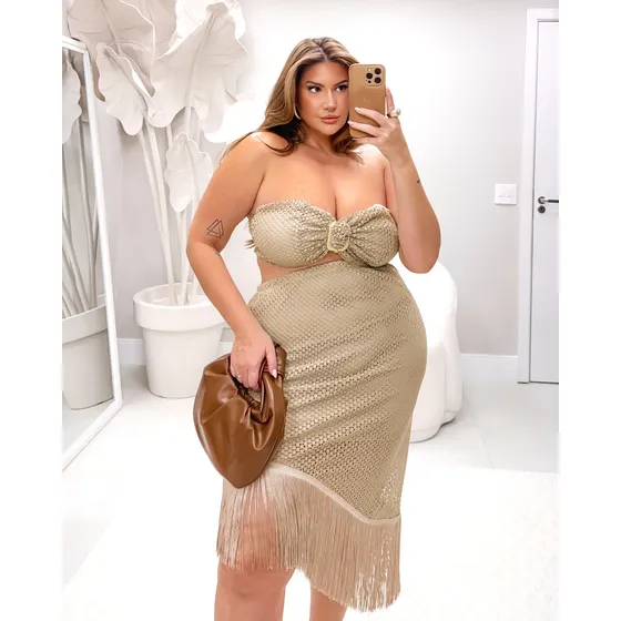 Vestido Franja Plus Size Feminino Luxuoso Com Recortes Noite