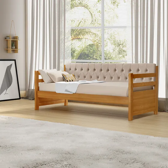 Sofá Cama Solteiro Verona Mona Estofado Capitonê Veludo Bege