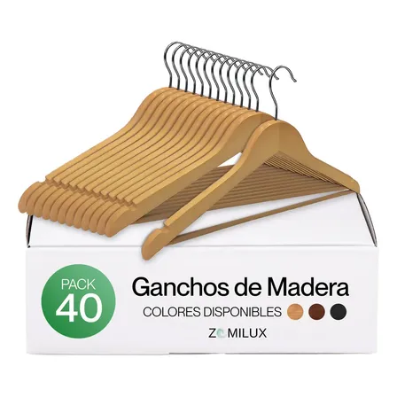 40 Ganchos Para Ropa De Madera Zomilux Perchas Antideslizantes, Premium, Resistentes Y Durables Color Natural 40 Ganchos Para Ropa De Madera Zomilux Perchas Antideslizantes, Premium, Resistentes Y Durables Color Natural