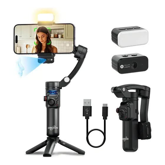Estabilizador Gimbal 3 Eixos Com Ia E Controle Remoto Separado Bluetooth Celular Smartphone Cor Pret