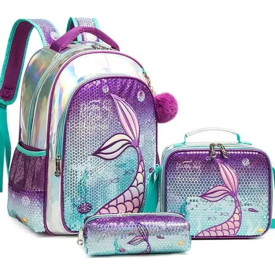 Morral Lonchera Y Cartuchera Cola De Sirena Morado Y Cian