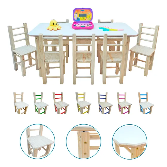 Mesa Infantil Retangular Com 8 Cadeiras Resistente Natural