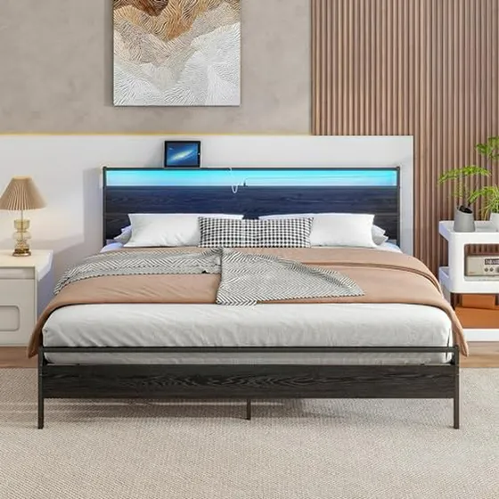 Cama King Size Con Almacenamiento Y Luces Led, Resistente Y 