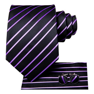 3353 Corbata Seda Rayas Negra Morada Pañuelo Mancuernilla 3353 Corbata Seda Rayas Negra Morada Pañuelo Mancuernilla