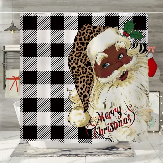 Cortina Ducha Navidad Color Negro Papa Noel Afroamericano 71