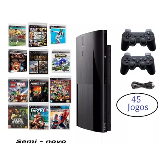 Sony Playstation 3 Super Slim +45 Jogos Com 2 Controles Standard Cor Preto