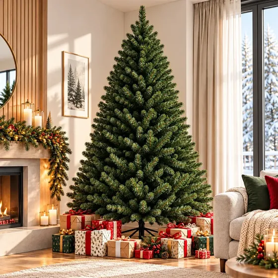 Árbol de Navidad Artificial de 210 cm Verde, con 1200 Ramas Frondosas y Base Metálica