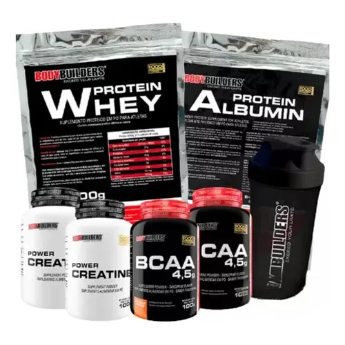 Kit Whey + Albumina + 2x Bcaa + 2x Creatina + Copo Sabor Chocolate