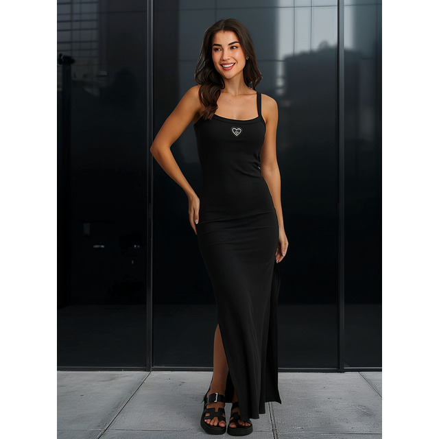 Vestido Longo Canelado Fenda Polo Wear Preto