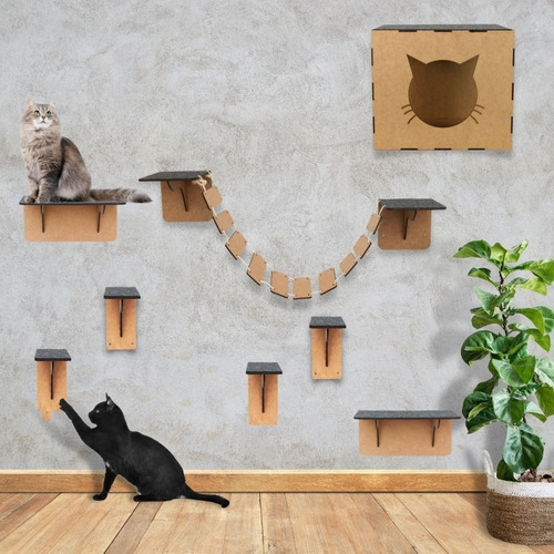 Parquinhos De Gato 8 Peças Kit Playground Mdf Com Nicho, Ponte, Prateleira, Degrau E Arran... Parquinhos De Gato 8 Peças Kit Playground Mdf Com Nicho, Ponte, Prateleira, Degrau E Arran...