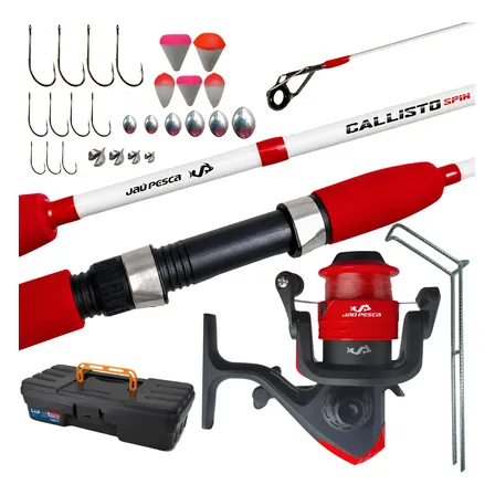 Kit Jau Pesca Completa Vara + Molinete Jp250 C/ Linha 160 Vermelho