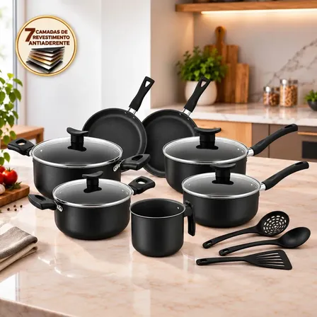 Jogo de Panelas Antiaderente 7 Camadas 10 Peças Kit Cozinha Casa Nova com Tampas de Vidro, Caçarolas, Frigideiras Fundas, Fervedor Leiteira e Utensílios Conjunto Compacto Dia a Dia Preto