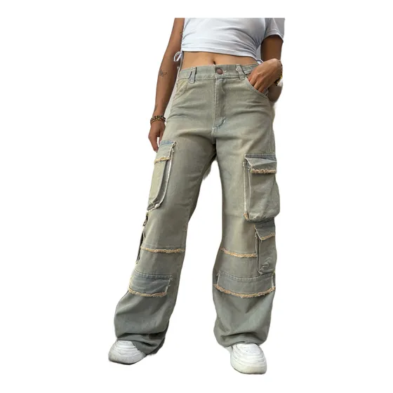 Pantalon Cargo Extra Bolsillos Con Flecos De Ktl Denim
