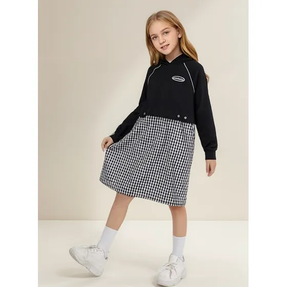 Vestido Niña Tipo Poleron Azul Falda Cuadrillé Shein