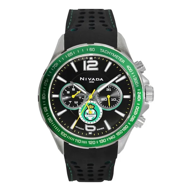 Reloj Nivada Fan Santos 4, Caballero, Carátula Negra Correa Negro Bisel Verde Fondo Negro